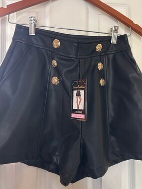 Ci Sono Black Faux Leather High-Rise Shorts with Gold Buttons
